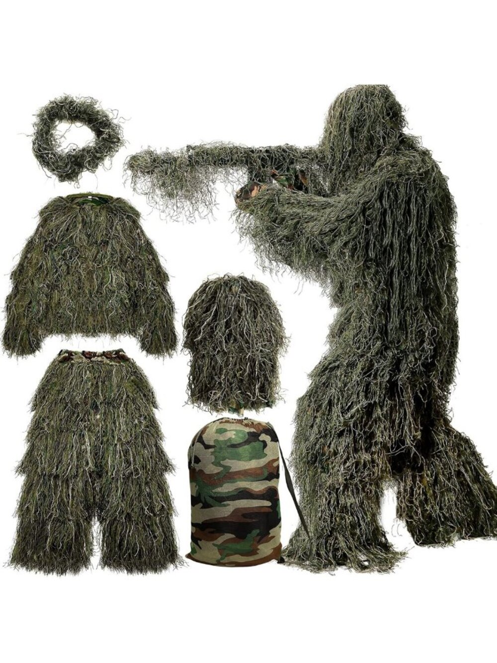 5-in-1 Camouflage Ghillie Suit for Hunting - Jacket, Pants, Hood & Carry Bag